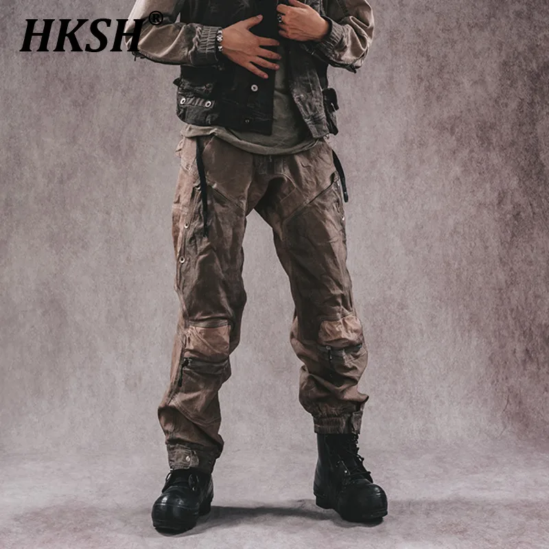 

HKSH Men's Tide Punk Waste Land Niche Design Double Layer Overalls Vintage Strap Multi Pocket Tactical Casual Cargo Pants HK0815