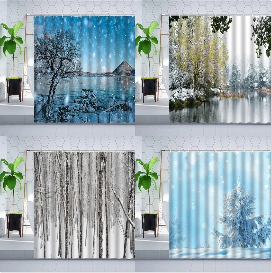 

Winter Scenery Shower Curtain Set Forest Mountain White Snowfield Landscape Bathroom Wall Decor Hanging Curtains Polyester Cloth