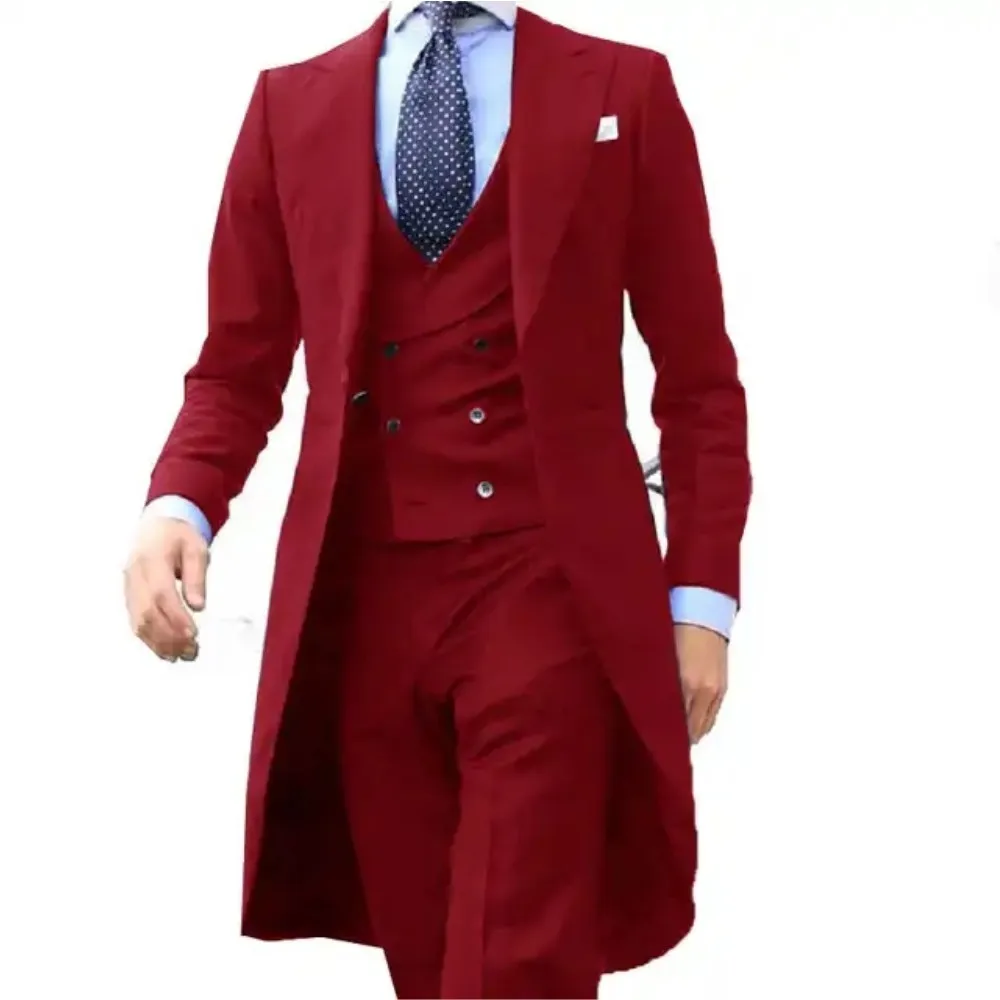 

Новое поступление, красные длинные мужские костюмы, китайский нежный смокинг с заостренным лацканом, Свадебный блейзер для жениха и выпускного вечера, индивидуальный костюм из 3 предметов (пиджак + жилет + брюки)
