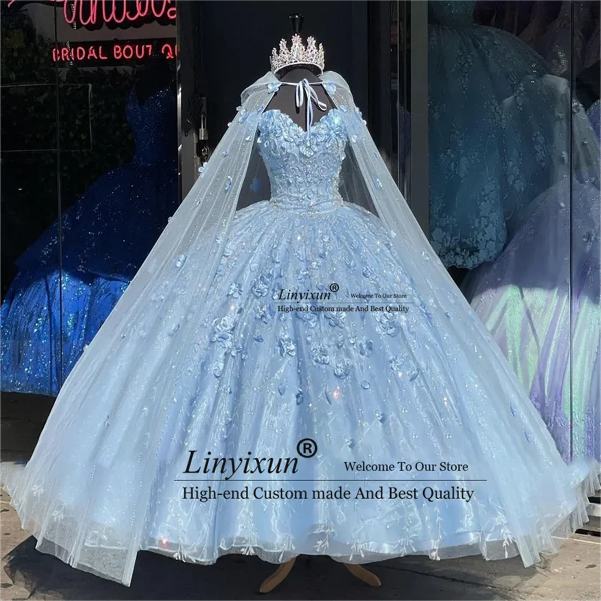 

Милое блестящее платье принцессы 16 небесно-голубого цвета, бальное платье-накидка с аппликацией, 3D цветочным рисунком, бисером и кристаллами, бальные платья, корсет 15 лет