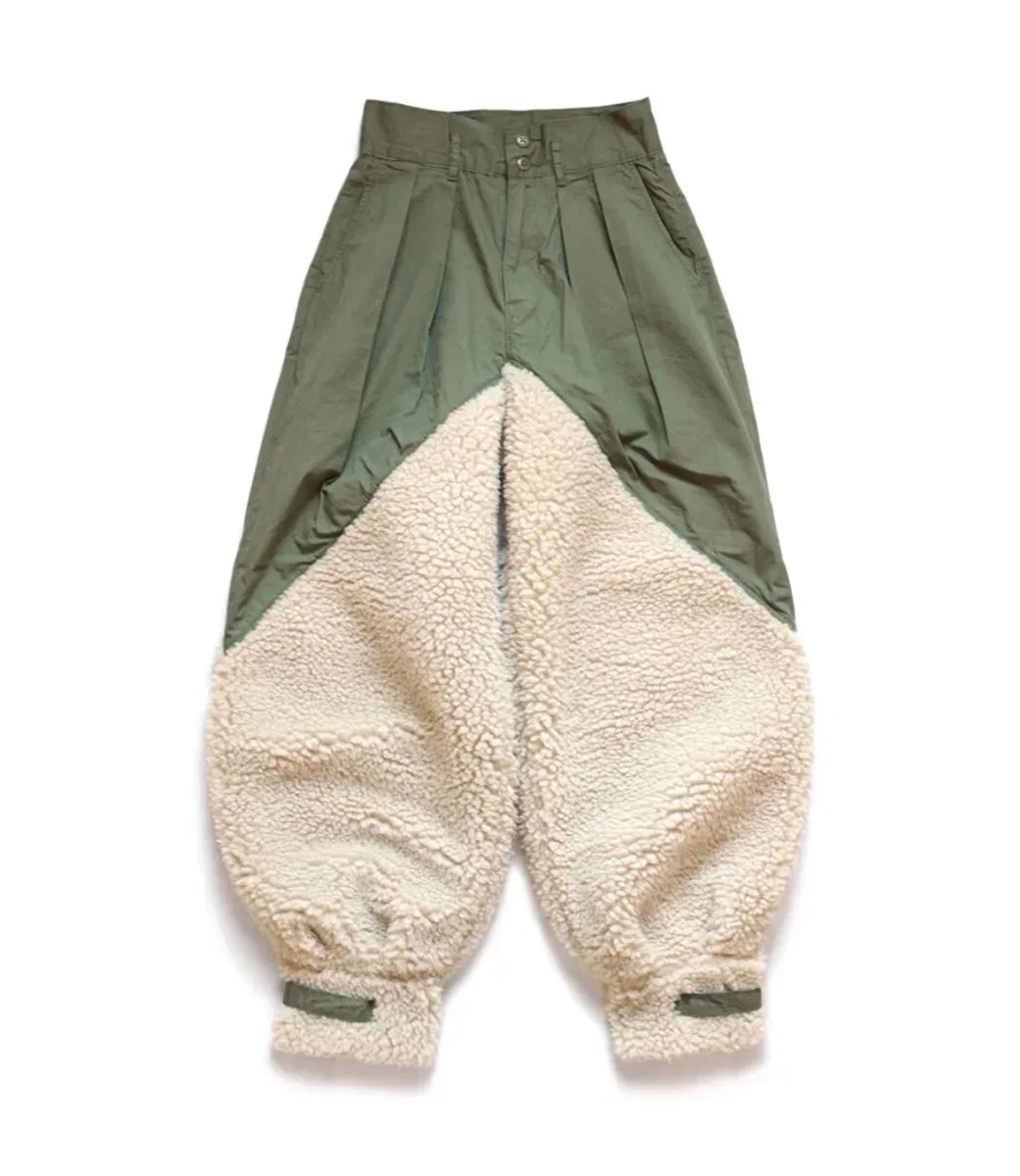 

KAPITAL Hirata Hiroshi Men's Loose Military Green Harlan Trousers Lamb Cashmere Stitching Amekaji Casual Splicing Pants