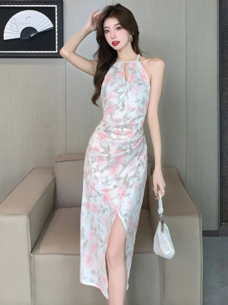 

Summer Elegant Floral Print Midi Dress Sleeveless Bandage Split Slim Waist Mid-calf Pleated Vestido Vintage Birthday Party Robe