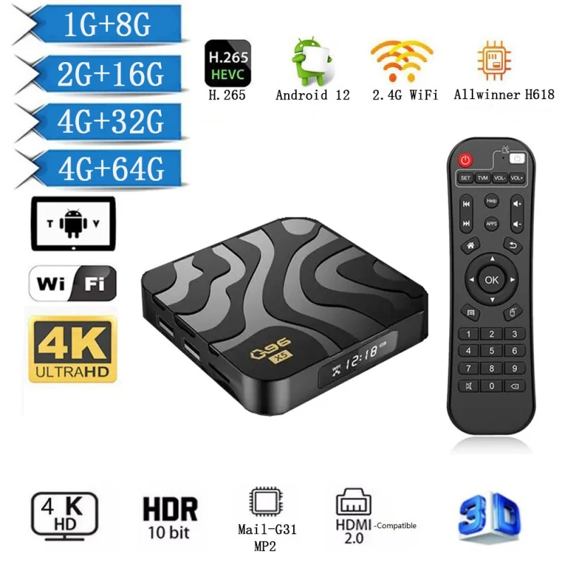 

Smart Tv Box Android 12 Miracast Airplay DLNA Allwinner H618 6K HDR10 5G/4G Wifi 64GB Media Player H.265 Home Theater IPTV X5