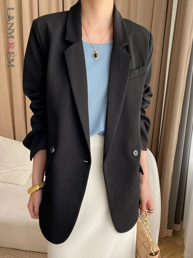 

[LANMREM] Back Button Design Blazer For Women Notched Long Sleeves Spliced Jackets Female Fashion Clothing 2024 Spring New