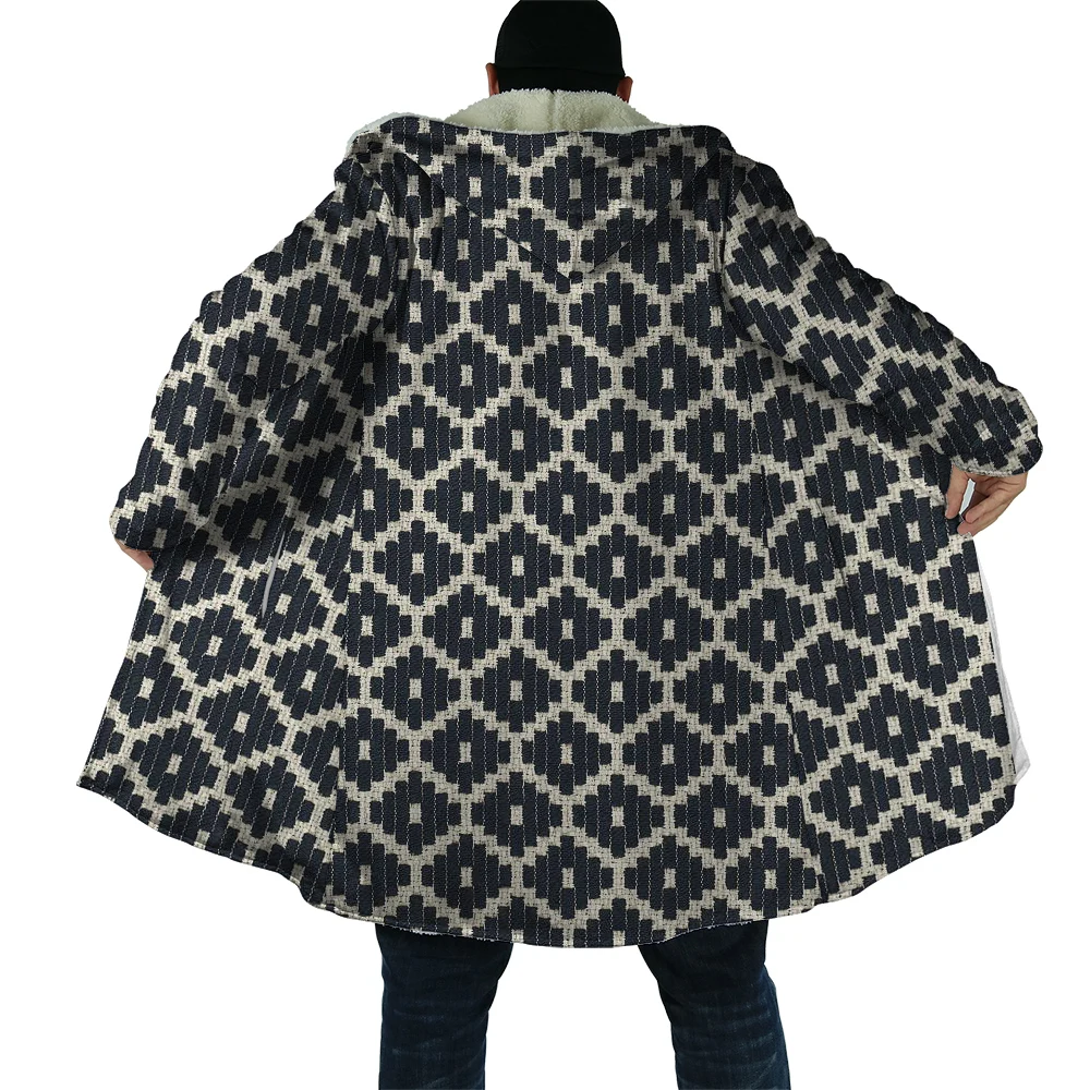 

HX Winter Warm Cape Diamond Plaid Splicing Print Hooded Fake Denim Cloak for Men Windproof Fleece Hoodie Blanket Mens Coats