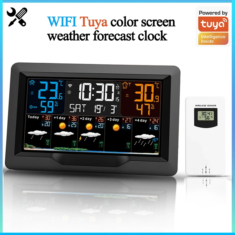 

Tuya WIFI Smart Weather Station Indoor Outdoor Temperature Humidity Meter Weather Forecast Large Color Screen Weather Clock