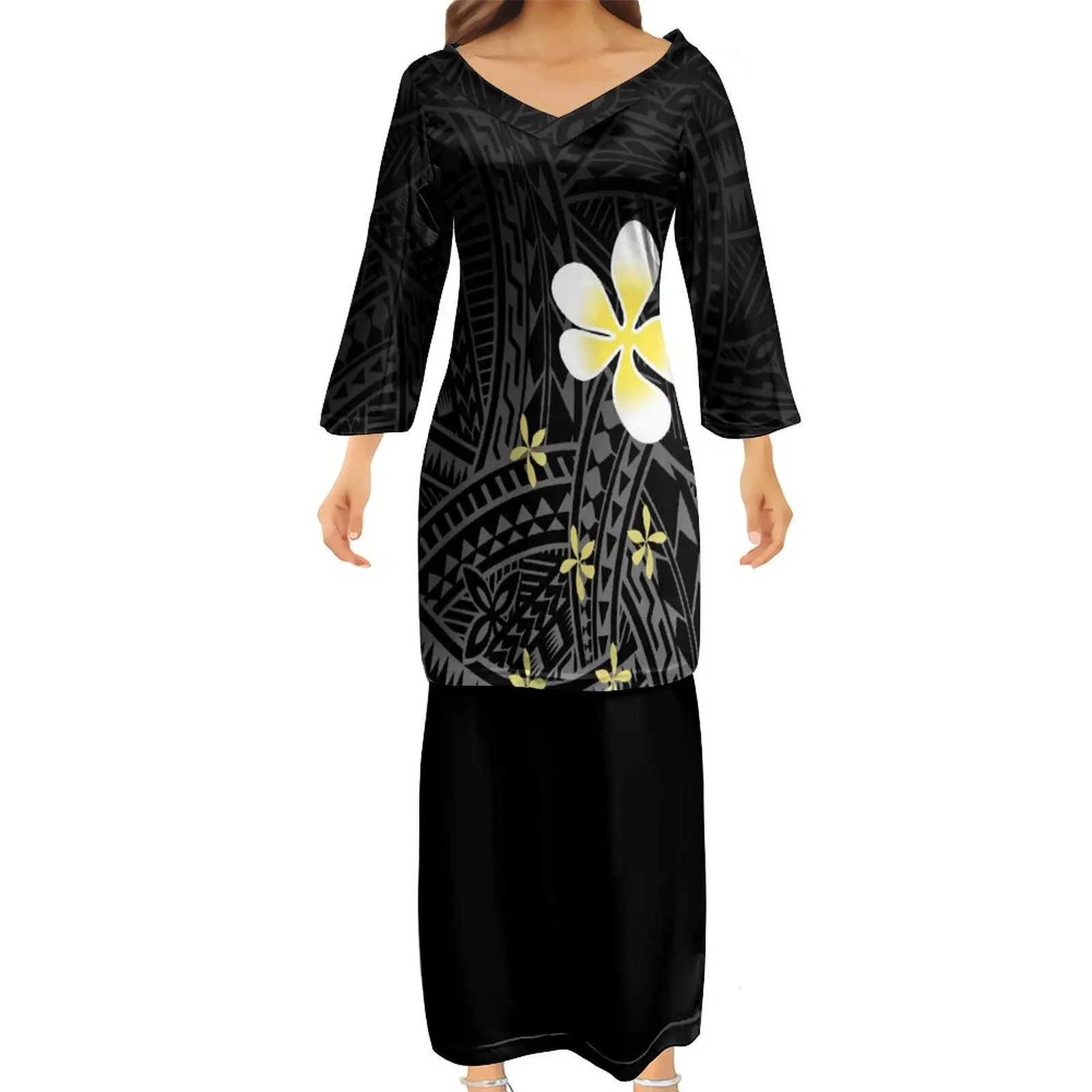 

Women'S V-Neck Dress Polynesian Tribal Print Samoan Puletasi Women'S Long Top And Skirt Two-Piece Dress