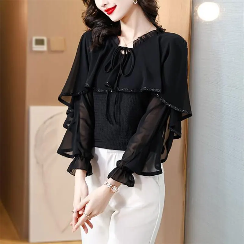 

Commute Vintage Cloak Shirt Women's Clothing O-Neck Elegant Ruffles Spliced Spring Autumn Slim Chic Sequined Drawstring Blouse