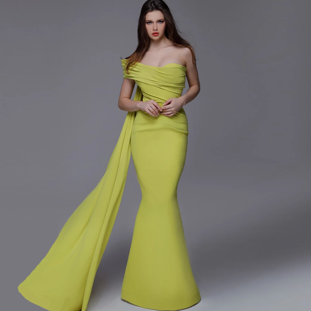 

Желтое атласное вечернее платье-Русалка на одно плечо, матовое элегантное модное платье в пол без рукавов, для выпускного вечера, по индивидуальному заказу