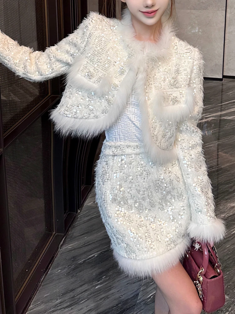 

Thickened Quilted Tweed Suit Women's Winter New High Quality Fox Fur Edge Sequin Coat+Short Skirt Fashion Commuter 2-Piece Set