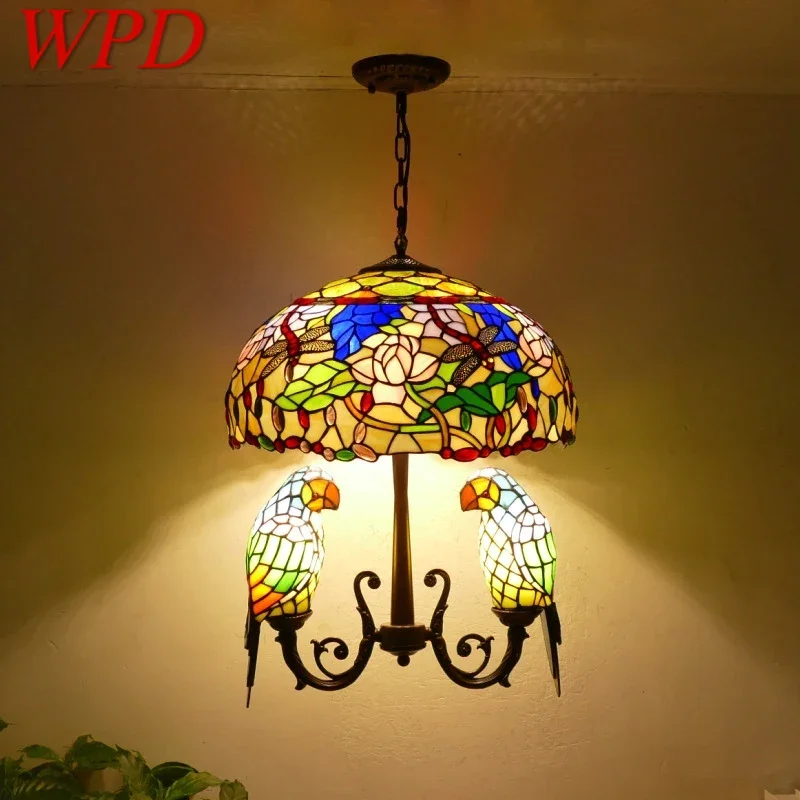 

WPD Tiffany Parrot Chandelier Vintage Creative Color Glass Living Room restaurant Bedroom Hotel Corridor Pendant Lamp