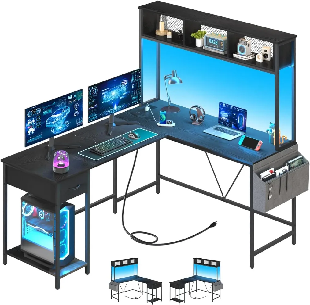 

Yoobure L Shaped Desk Gaming Desk with LED Strip & Power Outlet, Reversible L-Shaped Computer Desk with Storage Shelf & Drawer