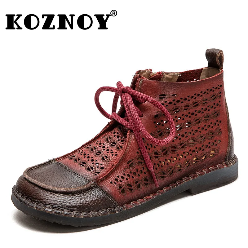 

Koznoy 2.5cm Natural Cow Genuine Leather Sandals Ethnic Ankle Summer Moccasin Women Boots Trend Luxury Hollow Breathable Shoes