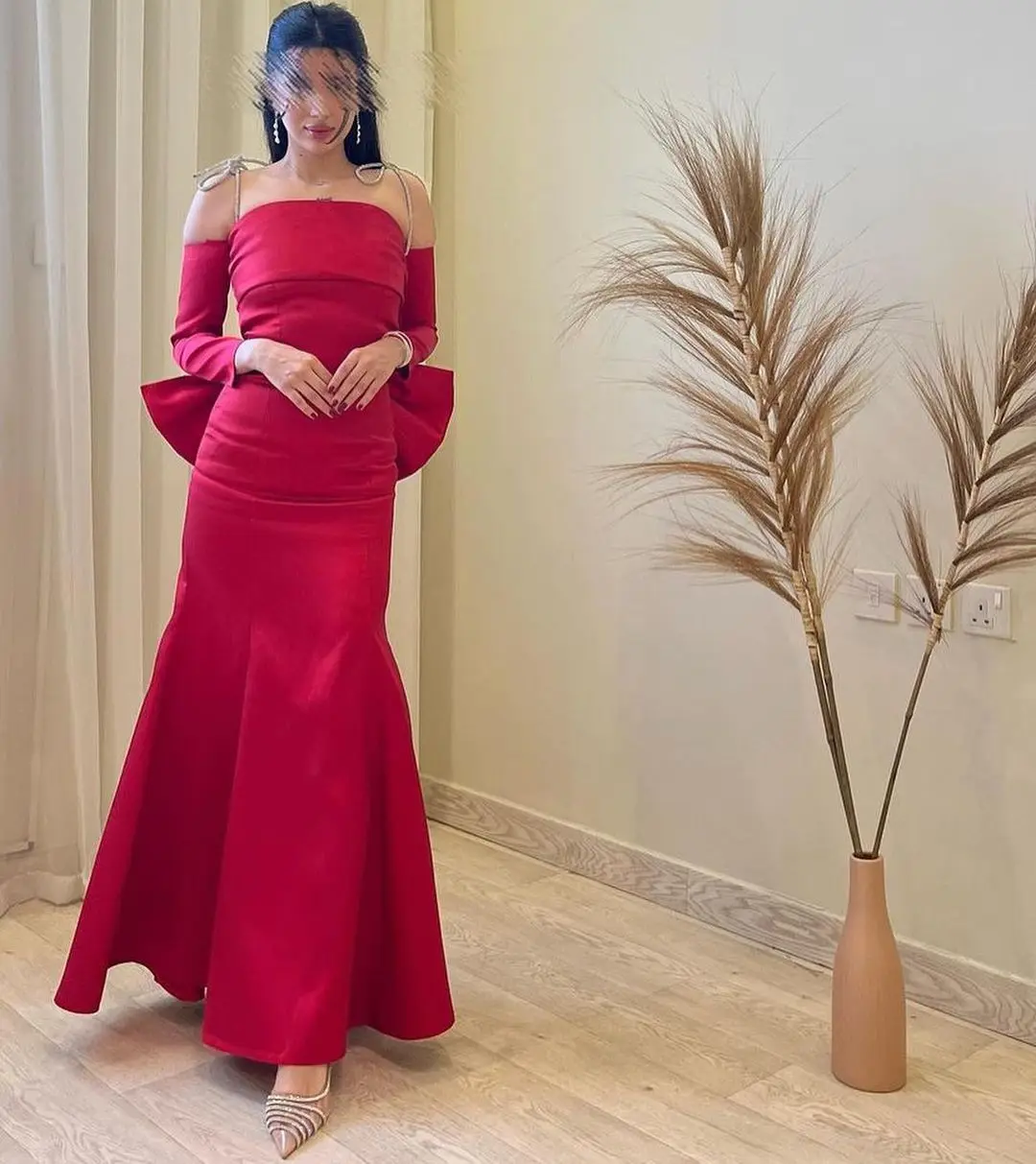 

Женское атласное платье-русалка, красное вечернее платье до щиколотки с бантом, платье для выпускного вечера в стиле Саудовской Аравии, без бретелек