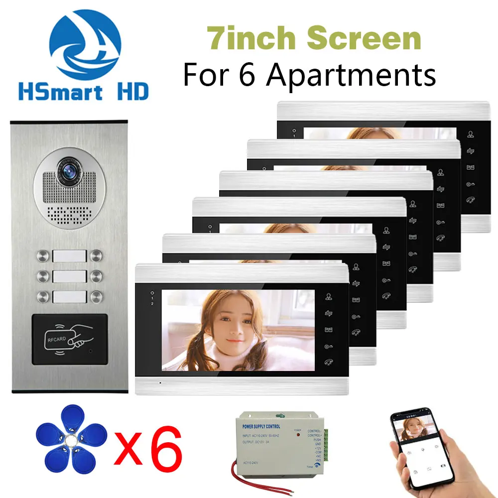 

New 7 Inch Screen Tuya Wifi Video Intercom for 2/3/4/6 Unit Apartments with with RFID Card / APP Unlock Doorbell Camera Systerm