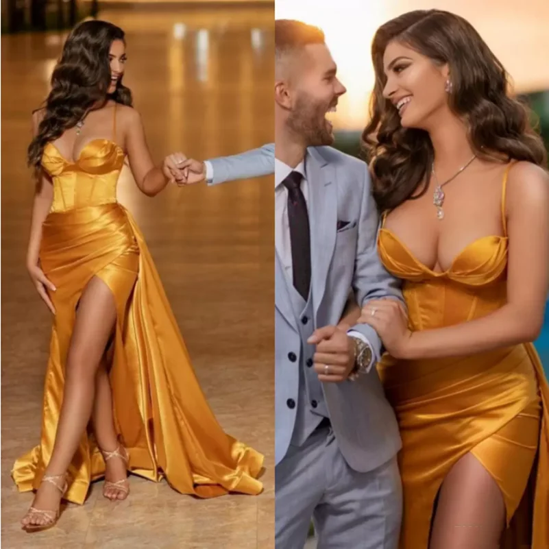 Sexy Long Satin V-Neck Evening Dresses With Slit Mermaid Spaghetti Sweep Train Formal Party Dress for Women
Sexy Long Satin V-Neck Evening Dresses With Slit Mermaid Spaghetti Sweep Train Formal Party Dress for Women