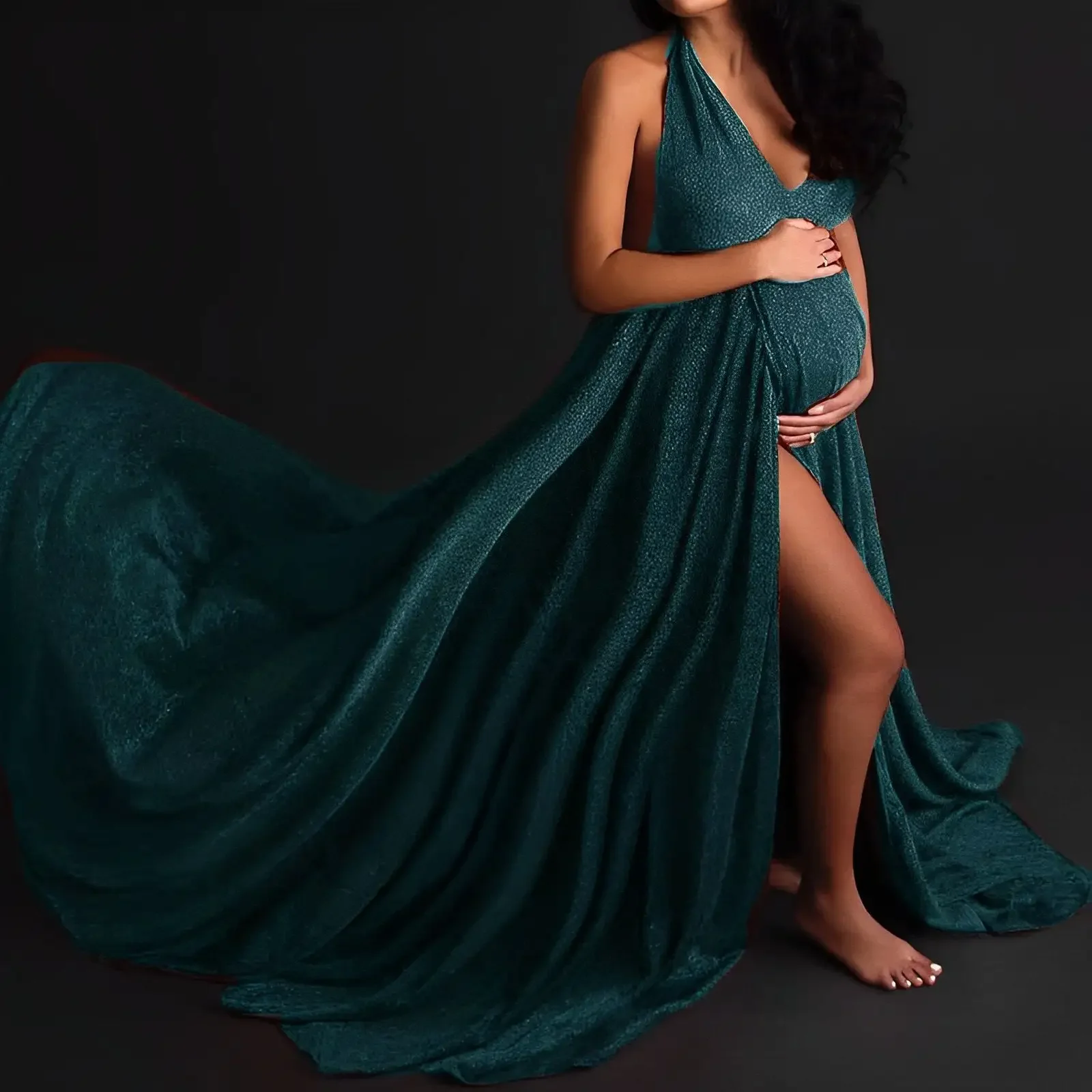 

Sparkling Silver Silk Maternity Dress for Photo Shoot, Shiny Halter SleevelessTail Long Dress for Photography Baby Shower