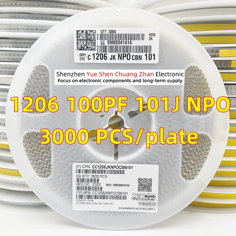 

Patch Capacitor 1206 101J 100PF 100P 1000V 2000V 1KV 2KV Error 5% Material NPO/COG Genuine capacitor（Whole Disk 3000 PCS）