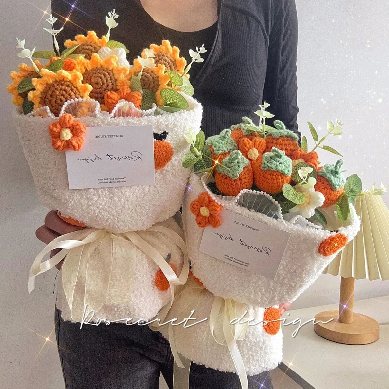

Knitting Sunflower Wool Crochet Bouquet Handmade Finished Flower Apple Persimmon Creative Birthday Gift Home Desktop Ornaments