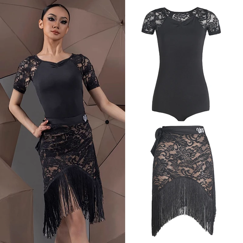 

Latin Dance Clothes Women Adult Short Sleeves Practice Clothing Black Lace Tops Skirt Rumba Cha Cha Dance Dress Salsa DNV20272