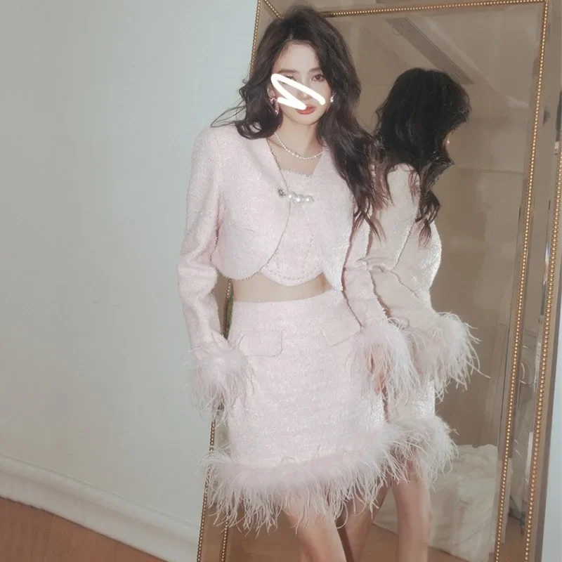 

New Arrival 2023 Fall Winter Women Button Pearls Chains Button Feathers Sequined Jacket +tweed Camis + Mini Skirt 2-3 Piece Set