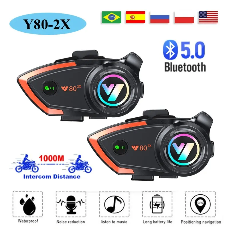 

Y80 2X Motorcycle Helmet Intercom Bluetooth Headset V5.3 Hands Free Call Wireless Noise Reduction Waterproof 1000M Interphone