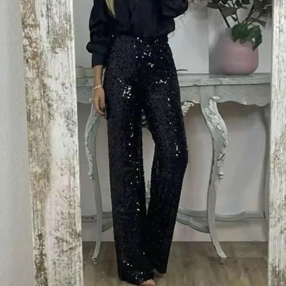 

Women Pants Sequins High Waist Flared Pants for Women Shimmering Slim Fit Trousers with Elastic Waistband Streetwear Fashion