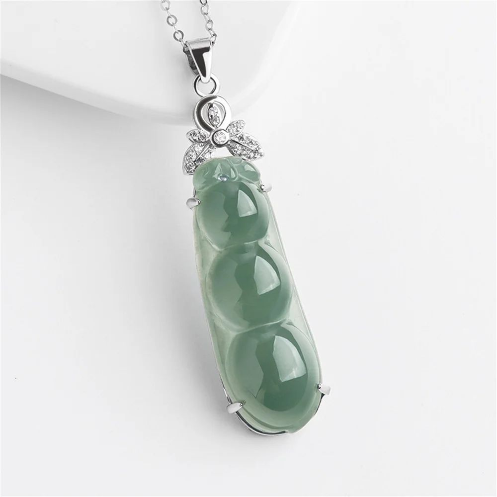 

925 Silver Natural Ice Green Jadeite Carved Charm Beans Lucky Pendant Amulet S925 Chain Necklace Certificate Luxury Jade Jewelry