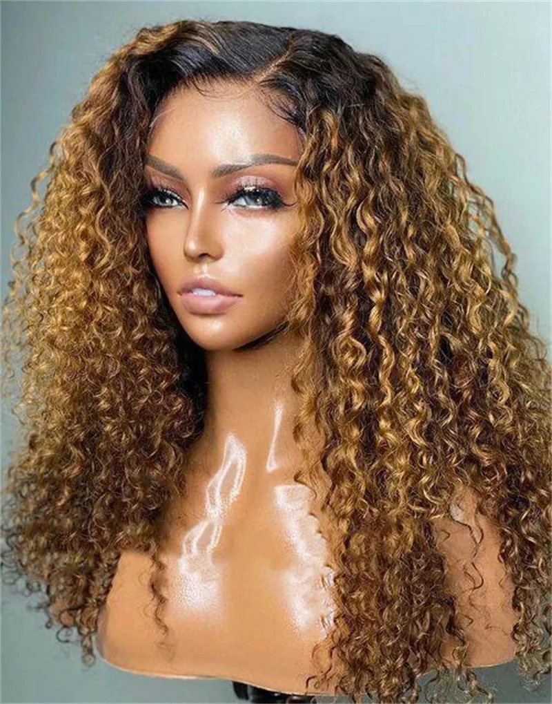 

Soft Long 26lnch Glueless 180Density Ombre Brown Kinky Curly Lace Front Wig For Women With Baby Hair Synthetic Preplucked Daily