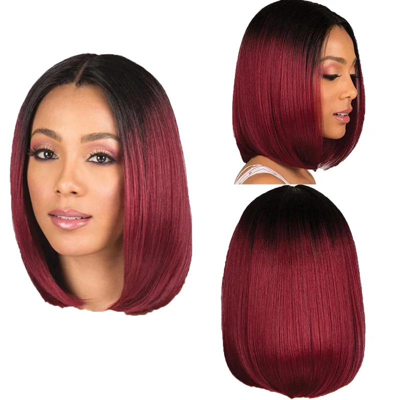 

New Popular Dyed Center Split Wigs Bobo Wig with Short Straight Black Gradient Burgundy Wave Hairstyle for Women Girls