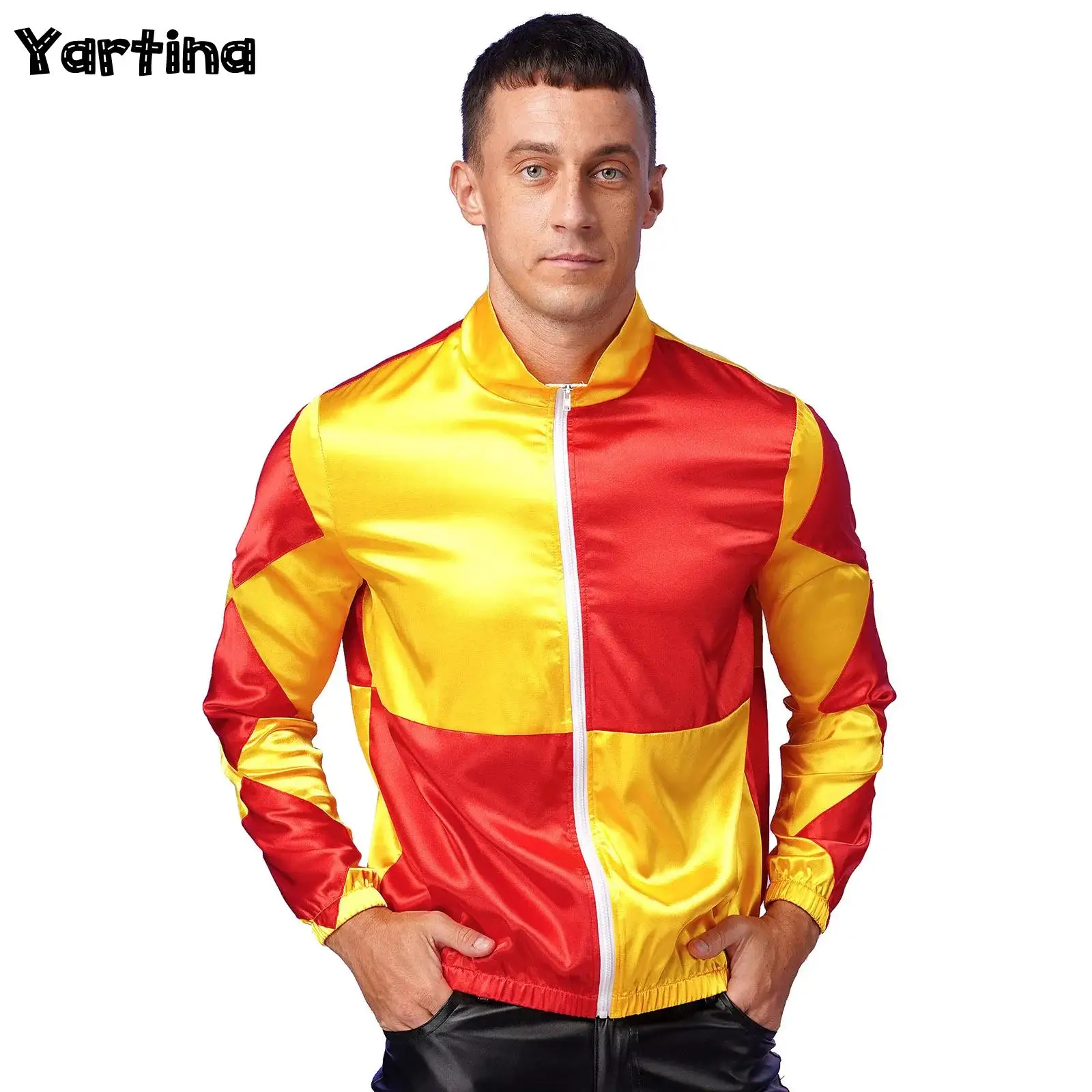 

Mens Horse Satin Jackets Horse Trainer Derby Racer Circus Cosplay Costumes Front Zipper Checkerboard Outerwear Coat