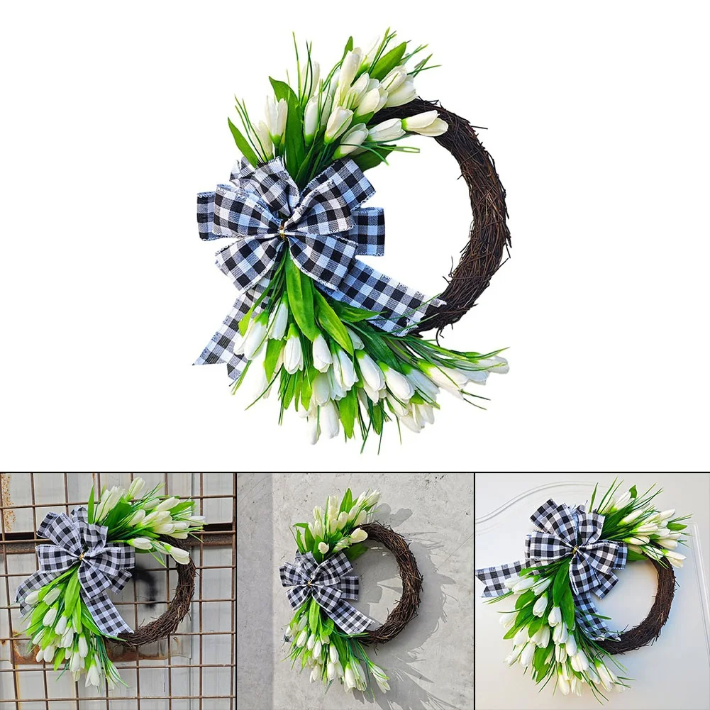 

35cm Spring Artificial Tulip Wreath Front Door Wreath Door Hanging Decorative Wreath Floral Décor Party Artificial Decorations