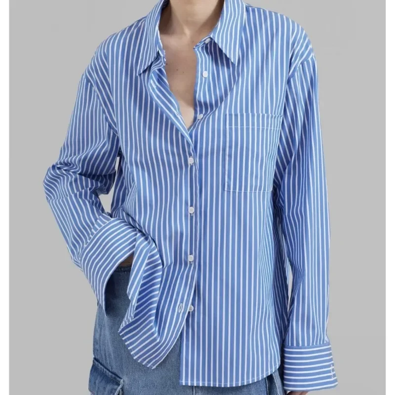 

Fr@nkieShop Vertical Striped Shirt for Women in 2024 Niche Design Silhouette Open Lining High-density Color Woven Shirt.