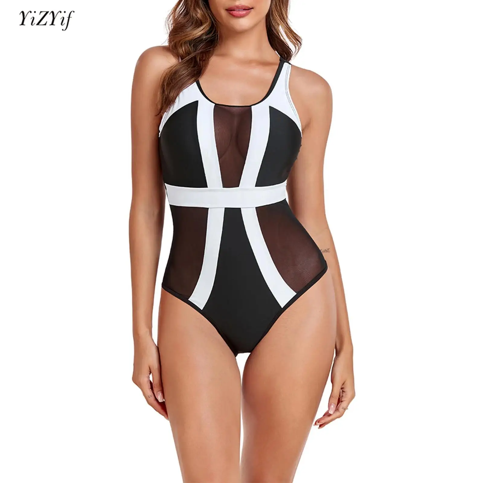 

Women One-piece Swimsuit Bodysuit Sexy See Through Low Cut Sleeveless Mesh Patchwork Leotard Swimwear Beachwear Bathing Suit