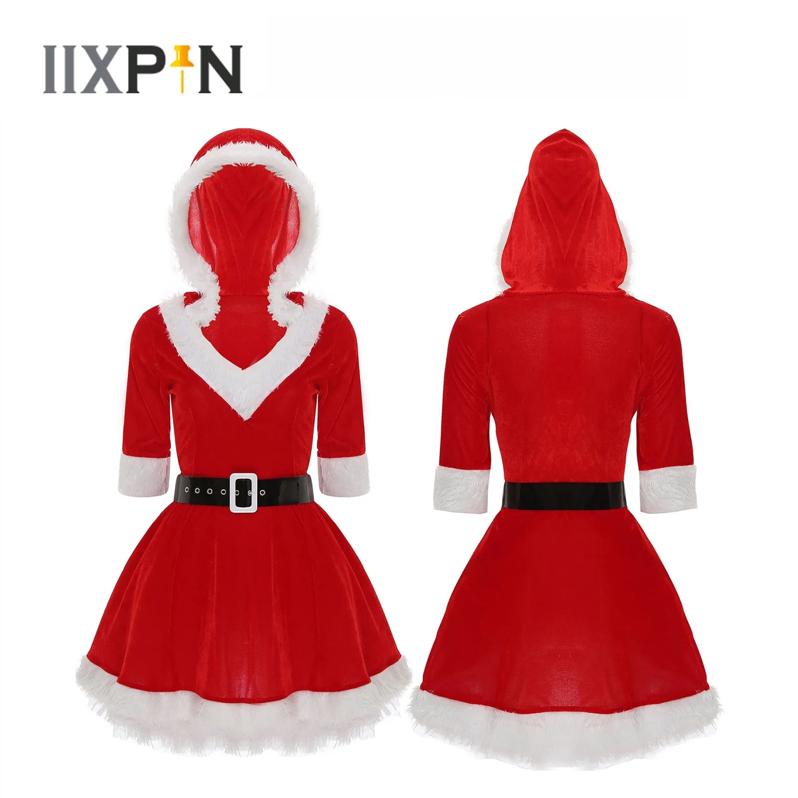 

Women Red Velvet Christmas Dress Mrs Claus Santa Baby Cosplay Costume Xmas Fancy Party Dress V Neck Hooded Tutu Dress with Belt