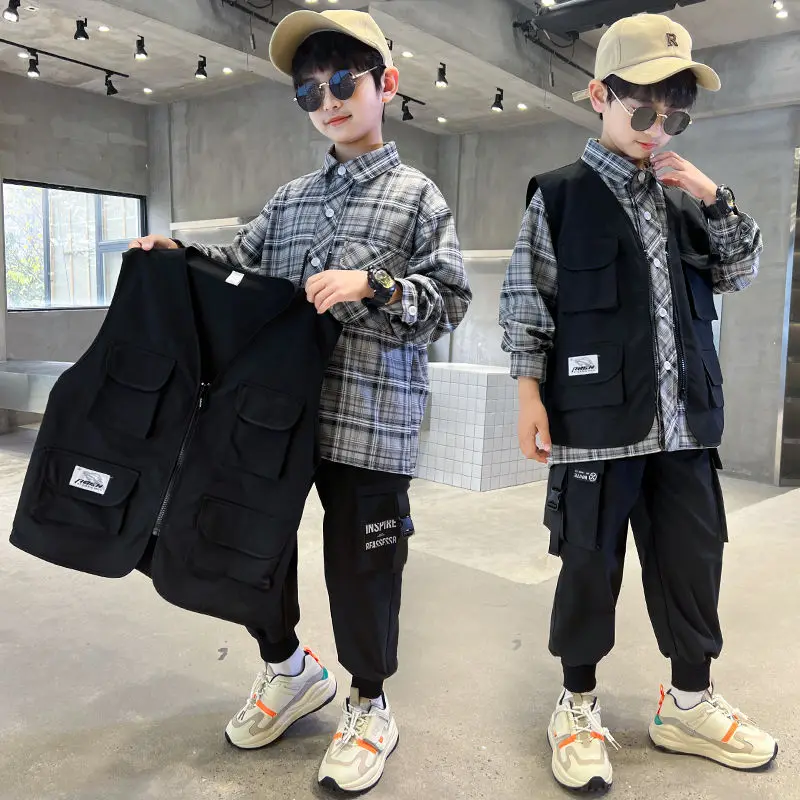 

3 PCS Teen Boys' Causal Sets Plaid Shirts Black Vest Cargo Cuffed Pants Zipper Mutiple Pockets Letter Print Sport 5-14 Years Old