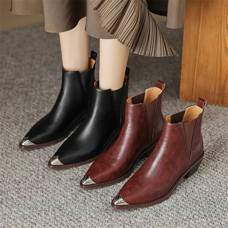 

2024 Autumn Winter Women Boots Metal Pointed Toes Ankle Boot Shoes for Women Chunky Heels Boots Zapatos De Mujer Knight Boots