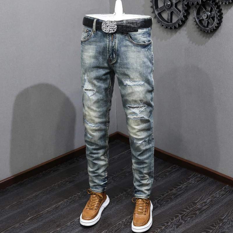 Streetwear Fashion Men Jeans Retro Blue Stretch Slim Fit Ripped Jeans Men Hole Trousers Patchwork Vintage Designer Pants Hombre
Streetwear Fashion Men Jeans Retro Blue Stretch Slim Fit Ripped Jeans Men Hole Trousers Patchwork Vintage Designer Pants Hombre