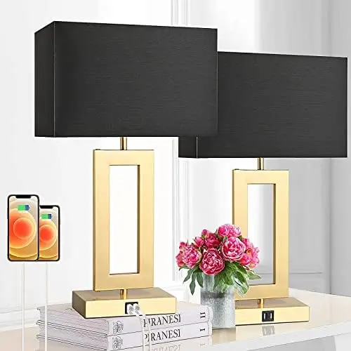 

Black&Gold Lamps for Bedrooms Set of 2, Touch Control Table Lamps with USB Ports, 3-Way Dimmable Bedside Nightstand Lamps, M Lam