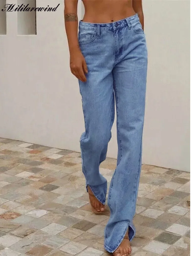 

High Waist Baggy Jeans Women Denim Trousers Straight Flared Pants Leg Split Drape Jeans Women Light Ble Femme Y2K Pants 34-42