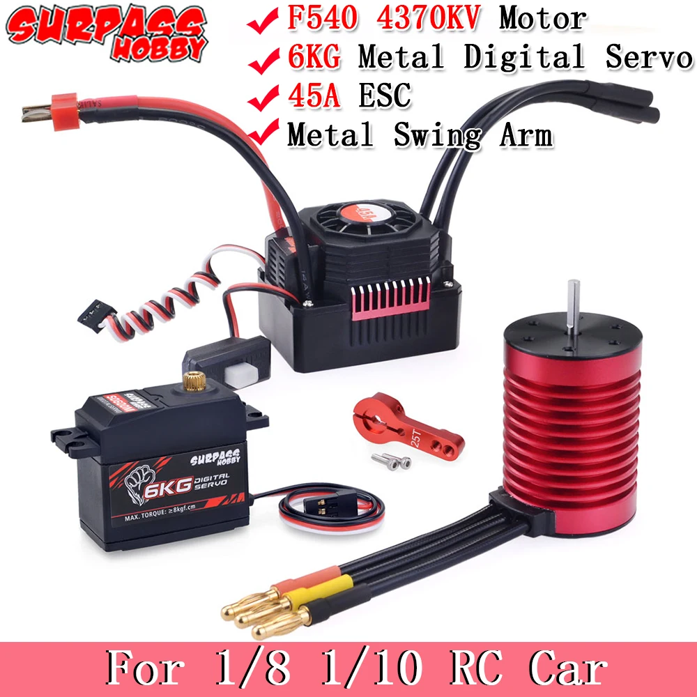 SURPASS HOBBY KK Waterproof Combo F540 4370KV Brushless Motor w/ 45A ESC+6KG Digital Servo+Metal Swing Arm for 1/8 1/10 RC Car
SURPASS HOBBY KK Waterproof Combo F540 4370KV Brushless Motor w/ 45A ESC+6KG Digital Servo+Metal Swing Arm for 1/8 1/10 RC Car