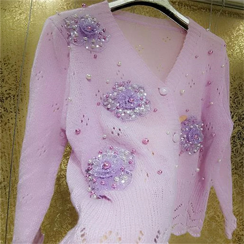 

Shiny bead knit sweater women three-dimensional sequins flowers purple hollow sunscreen cardigan
