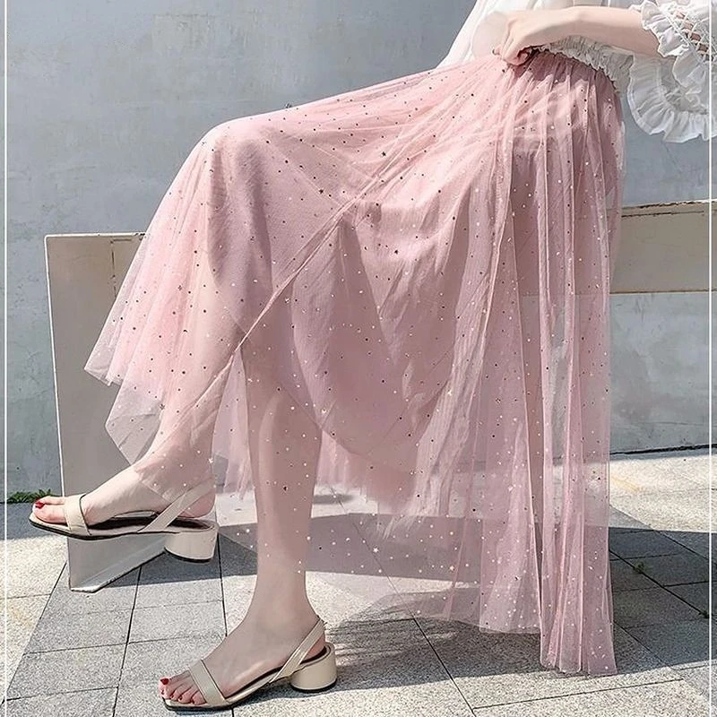 

Skirts Women Star Sequins Elegant Female Korean Mesh Vintage A Line Ladies Casual Fashion Preppy Clothing All-match Skirt Loose