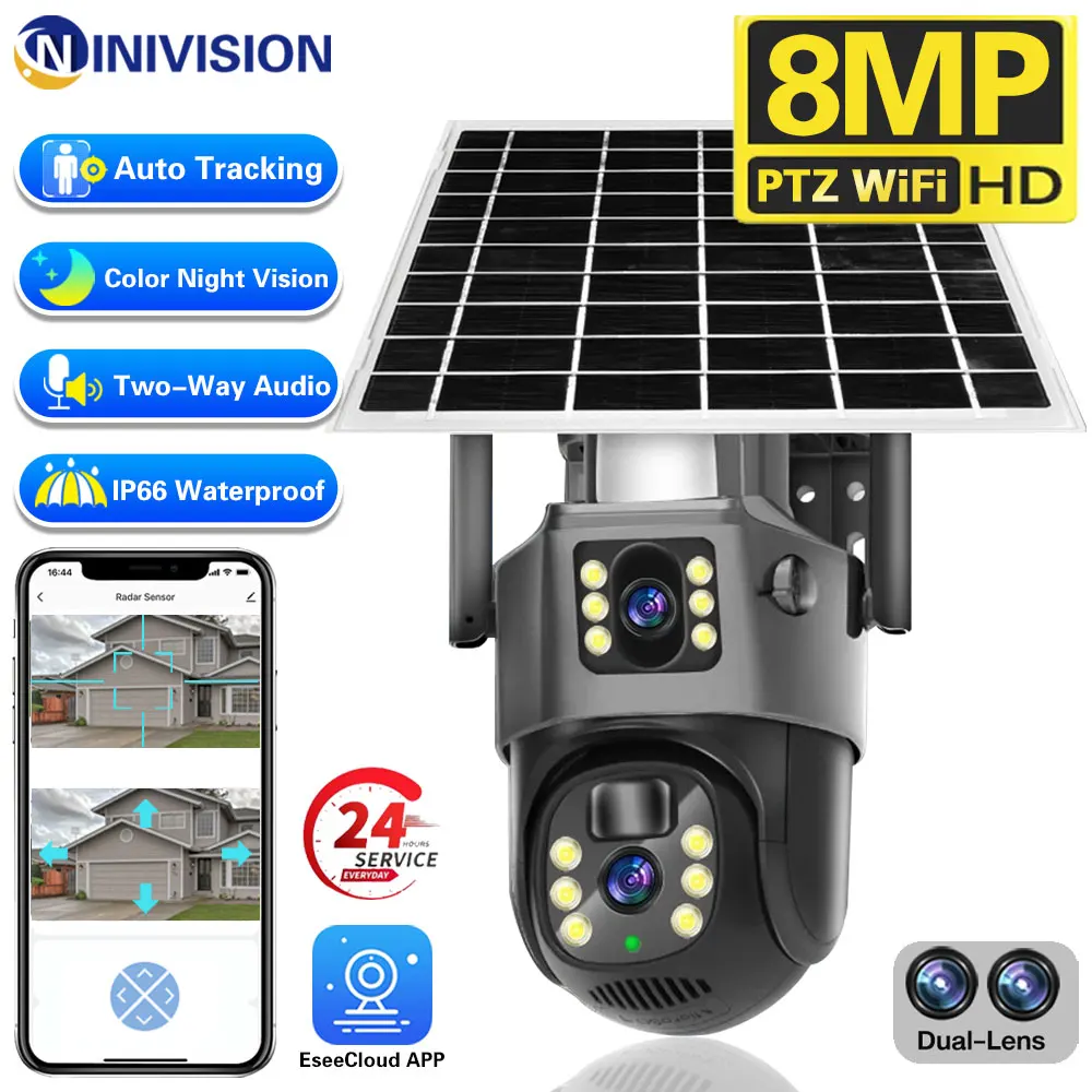 8MP 4K WIFI Solar Camera Built-in Battery Wireless IP Camera Outdoor PIR Detection Security PTZ CamAuto Tracking Surveillance
8MP 4K WIFI Solar Camera Built-in Battery Wireless IP Camera Outdoor PIR Detection Security PTZ CamAuto Tracking Surveillance