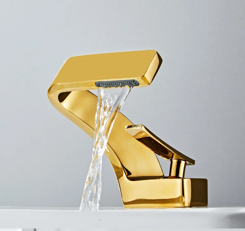 

Luxury Golden Waterfall Basin Faucet Modern Bathroom Brass Hot and Cold Mixer Water Tap Deck Mount Single Hole Sink Wash Faucet