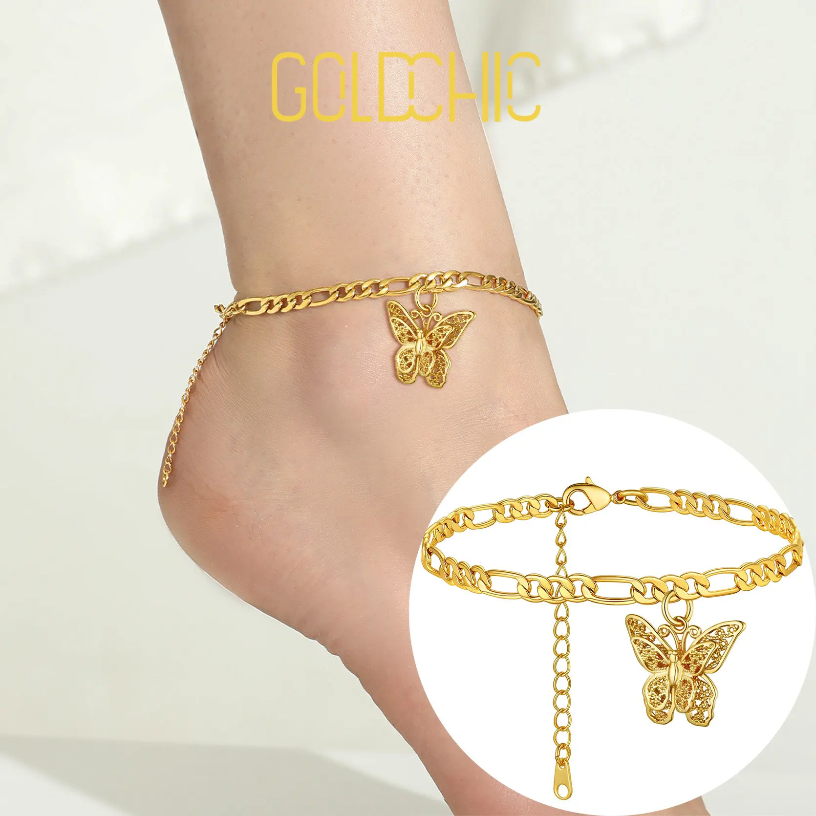 

Goldchic 18K Gold Plated Butterfly Anklet for Women Fashion Figaro Chain Anklets Girls Beach Foot Chains Summer Jewelry