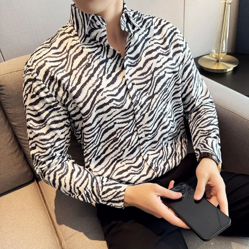 

Black White Zebra Stripes Shirt Men's High-quality Slim Fit Casual Business Dress Shirts Social Party Tuxedo Men Clothing M-4xl