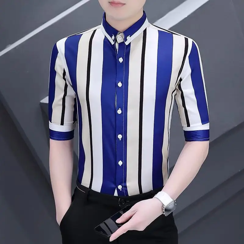 

2024 New Summer Elegant Fashion Loose Casual Striped Knitted Men Shirt Button Handsome Long Sleeve Retro Chic Tops
