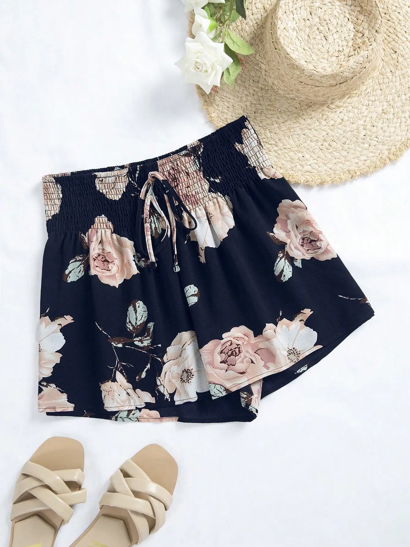 

Finjani Women's Plus Size Shorts Floral Print Shirred Waist Knot Front Shorts Casual Clothing For Summer New