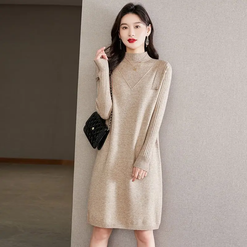 

Mock Neck Women Pullover Sweater Loose Elastic Autumn Knitted Jumper Fashion Long Sleeve Ladies Top New Sweater Dress G47